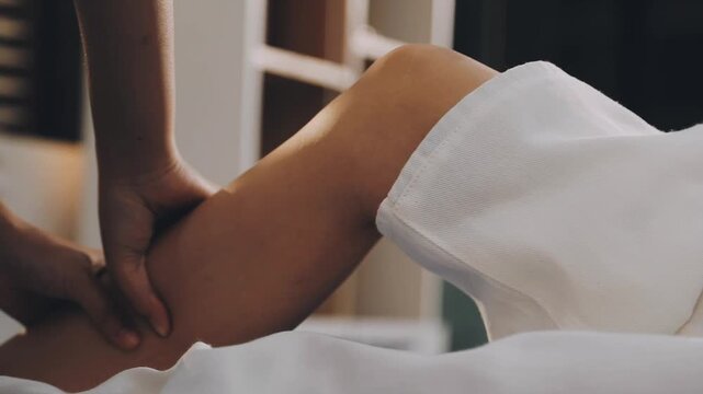 Doctor examining leg of female patient in examination room