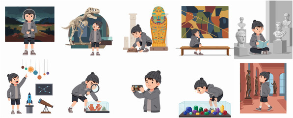 Little boy exploring museum exhibits including dinosaur fossils ancient Egypt space and art galleries collection © Haimura
