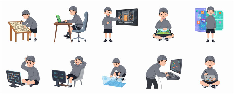 Set of Cartoon Boy Character Illustrations for Game Development and Coding Concepts