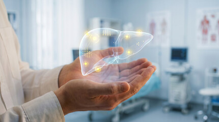Doctor holding holographic liver with medical technology in background