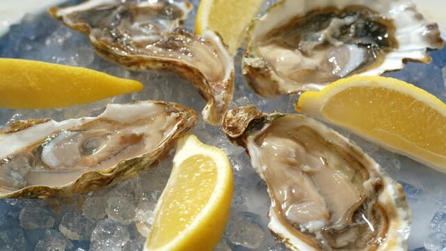 Fresh raw oysters with ice, french restaurant, mediterranean Healthy sea food, gourment luxury cuisine. Close up of seafood restaurant. 