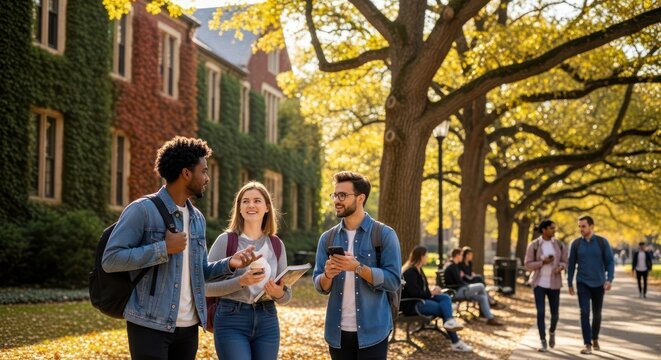 students talking on college campus.