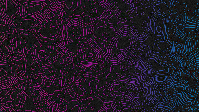 Abstract topographic map with vibrant pink and blue lines on a black background