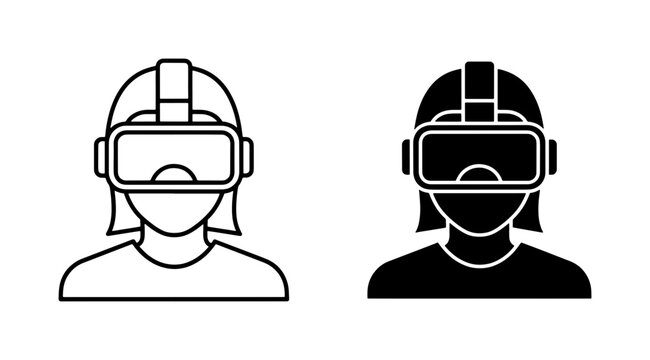Woman wearing VR headset icon set in outline and solid style