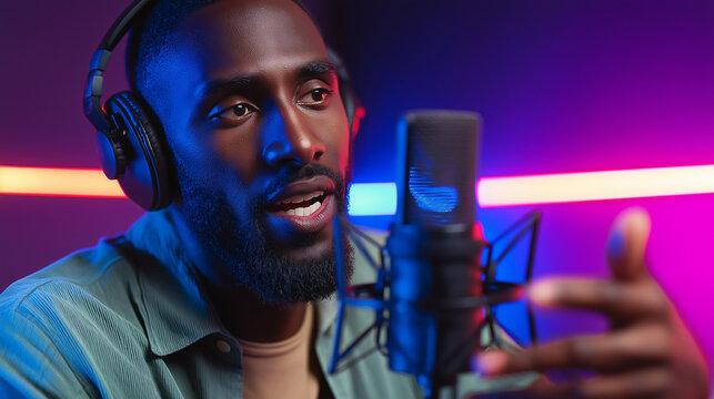 African american podcaster speaking into microphone inside studio. Man recording audio content for internet show. Professional broadcaster wearing headphone during live stream broadcast session.