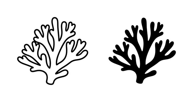 Coral reef silhouette and outline vector icons