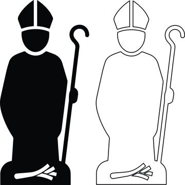 Vector icon set features a Catholic bishop or holy saint in black silhouette and outline styles, wearing a mitre and holding a crosier staff for religious or church design.