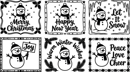 Fototapeta premium Black and white winter holiday snowman greetings set with festive lettering and decorations
