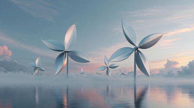 Paesaggio surreale con pale eoliche futuristiche a forma di fiore sull'acqua