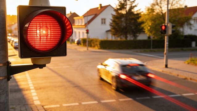 A red traffic light at an intersection during sunset. A car is passing through the intersection, leaving light trails. Residential buildings are in the background.