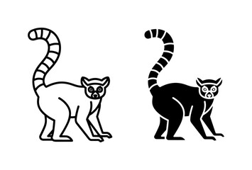 Ring-tailed lemur icon set in black and white line art © Ruma