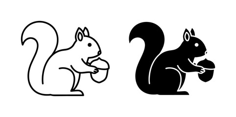 Squirrel holding acorn icon set in outline and silhouette style © Sultana