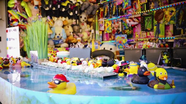 Entenangeln auf dem Jahrmarkt mit schwimmenden Gummienten und Preisen spielerische Freizeitaktivit&auml;t