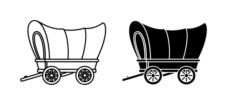 Vintage Covered Wagon Silhouette and Outline Vector Set