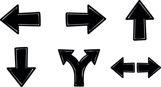 Black hand drawn directional arrows set with six different directions