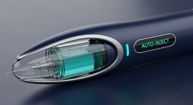 Futuristic auto-injector medical device for advanced drug delivery.
