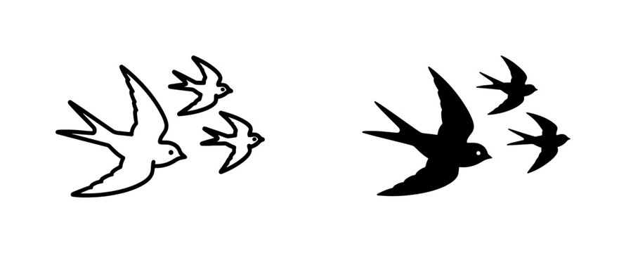 Minimalist swallow bird silhouettes, flying swift bird vector icons, black and white outline swallow set for tattoo design and logo branding