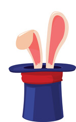 Naklejka premium Magic hat with hare inside, the ears stick out, vector cartoon illusionist black cylinder for focus trick with rabbit
