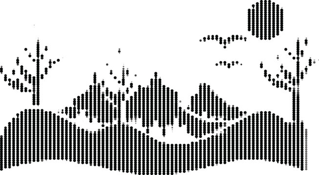 Mountain valley landscape with birds and sun in halftone dot pattern style for eco design.
