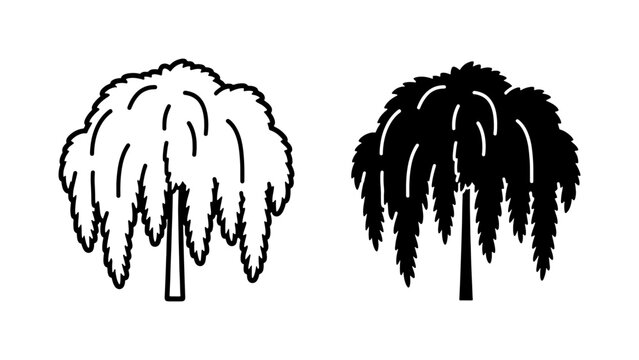 Weeping Willow Tree Outline and Silhouette Icon Set