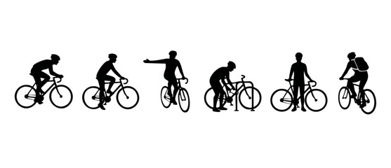Obraz premium Cyclist silhouette set, bike riding actions and urban cycling poses, isolated black icons on white background, group of people commuting on bicycles, vector illustration collection for sports or traff
