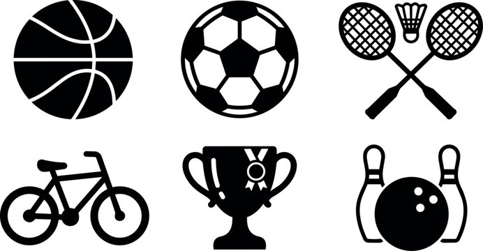 Black and white sport icons basketball soccer badminton bicycle trophy bowling ball