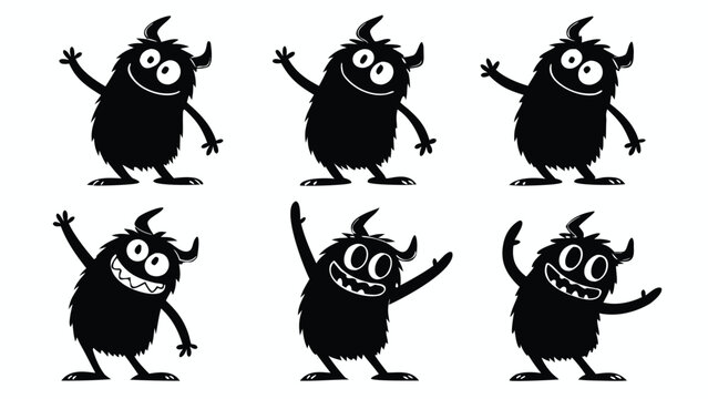 Vector illustration of cute fuzzy monster silhouettes waving with creature silhouette friendly illustration