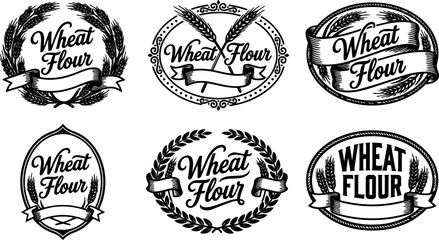 Fototapeta premium Black and white wheat flour lettering with decorative wreath ribbon badges