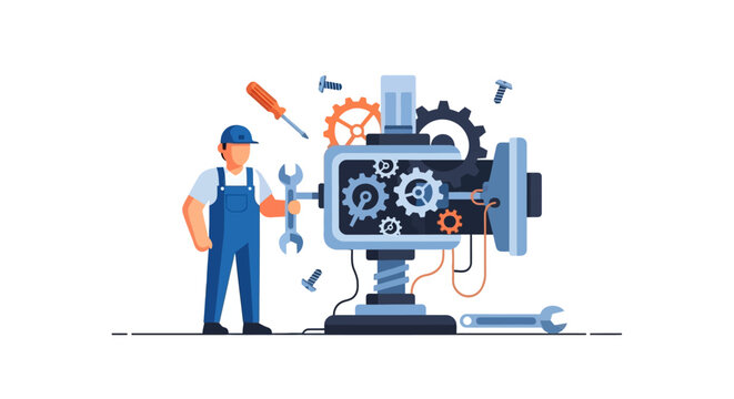 Engineer repairing machine with gears and tools in flat vector illustration