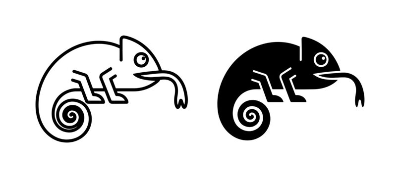 Minimalist chameleon line icon set, stylized lizard silhouette with long tongue, black and white reptile vector graphics for branding and logo design