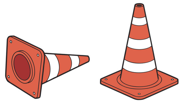 Vector illustration of orange and white safety traffic cones in two angles with industrial, construction