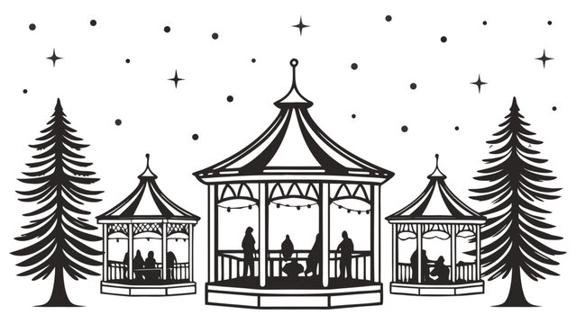 Vector illustration of people socializing in wooden gazebos surrounded by pine trees with gathering, landscape