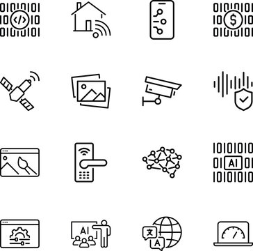 technology icons for smart home business finance, binary code, house, satellite, camera, brain, laptop