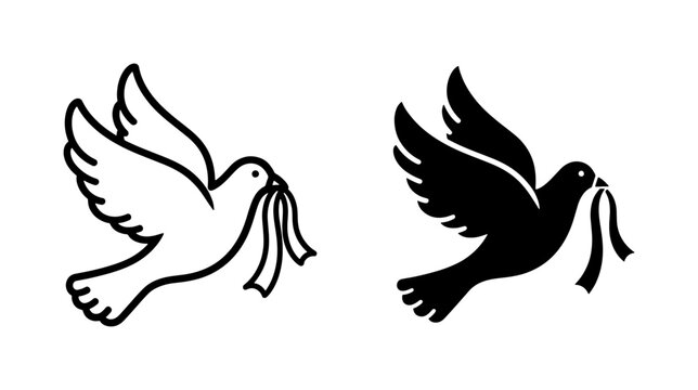 Flying Dove Icon Set with Ribbon in Beak