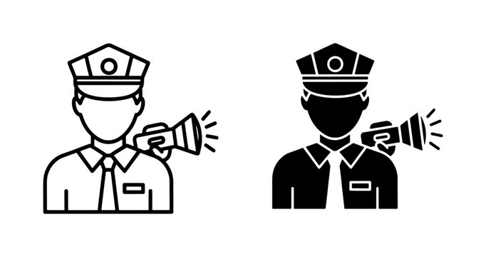 Security guard icon set with flashlight and uniform