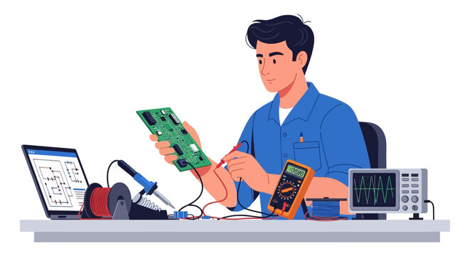 Technician testing electronic circuit board at workbench in lab setting