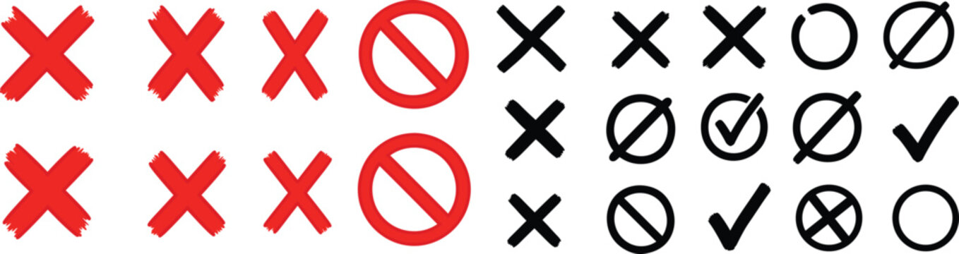 Red cross mark and black prohibited stop sign icons set vector illustration