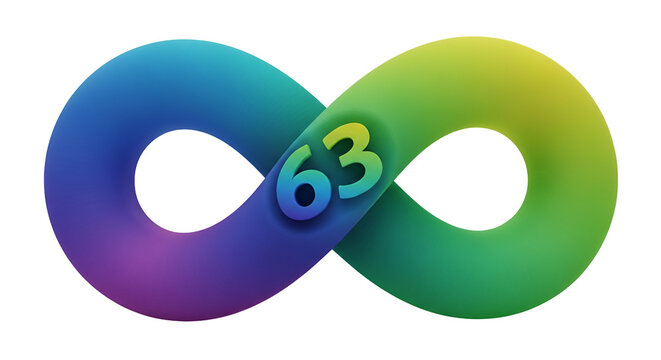 Gradient infinity symbol with number 63 in center smooth flowing design conceptual graphic element for abstract art and decoration