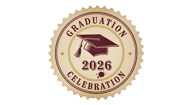 Graduation cap 2026 celebration seal illustration with maroon mortarboard and vintage retro style set against a neutral background