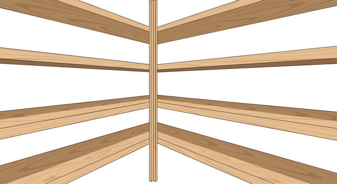 A wide perspective view showcases multiple levels of empty wooden shelves meeting at a central corner against a stark white background with clean lines.