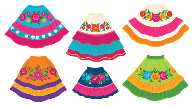 A vibrant collection of traditional Mexican folkloric skirts featuring multi-colored tiered ruffles and meticulous floral embroidery set against a clean white backdrop.