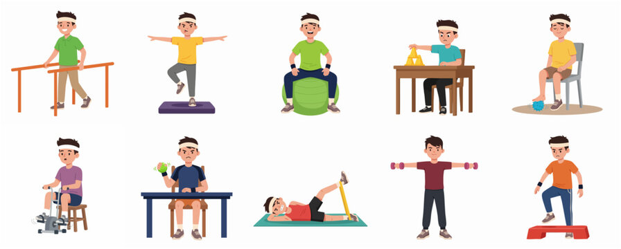 Comprehensive Set of Vector Illustrations Showing a Young Boy Performing Various Physical Therapy and Rehabilitation Exercises for Recovery and Fitness