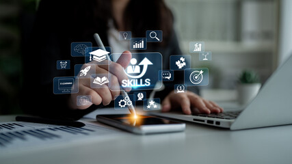 Naklejka premium Person Using Digital Tools to Enhance Skills Development and Learning with Modern Technology in a Bright Workspace Environment Quark.