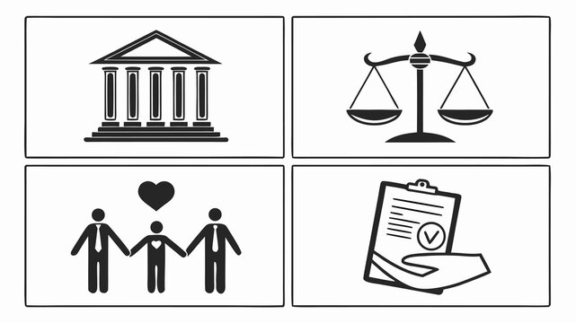 Vector illustration set of law and order concepts including courthouse scales of justice family and contract