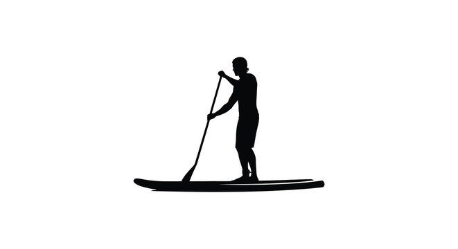 A solitary figure stands paddleboarding on calm waters a stark contrast of form and space silhouette high quality professional