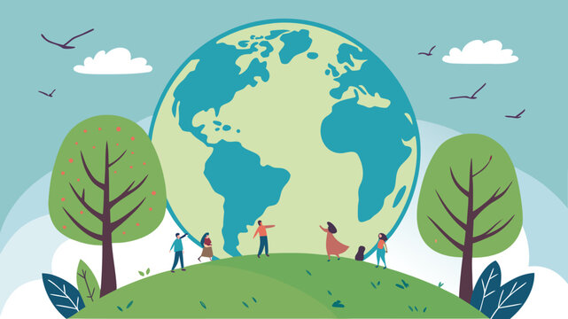 Vector illustration of diverse people standing on a green hill with a large globe environment conservation