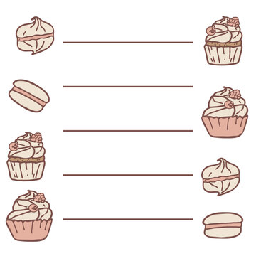 Hand drawn dessert menu template with cupcakes, macarons and meringue. Minimalist layout with lines for text in warm neutral colors. Perfect for cafe menu, bakery branding and print design.