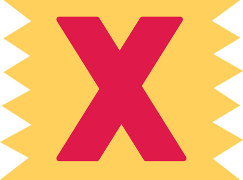 Uppercase X letter of English alphabet, vector bright festive red typeface in yellow zigzag shape frame, kids happy font