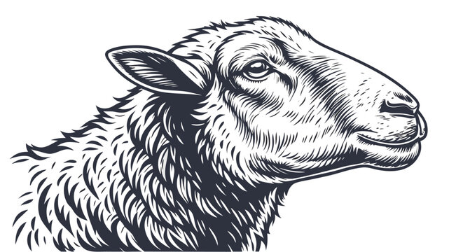 Vector illustration of a stylized sheep portrait in black and white etching style with portrait, livestock