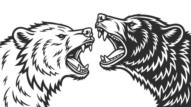 Vector illustration of two grizzly bears roaring at each other in intense confrontation with confrontation